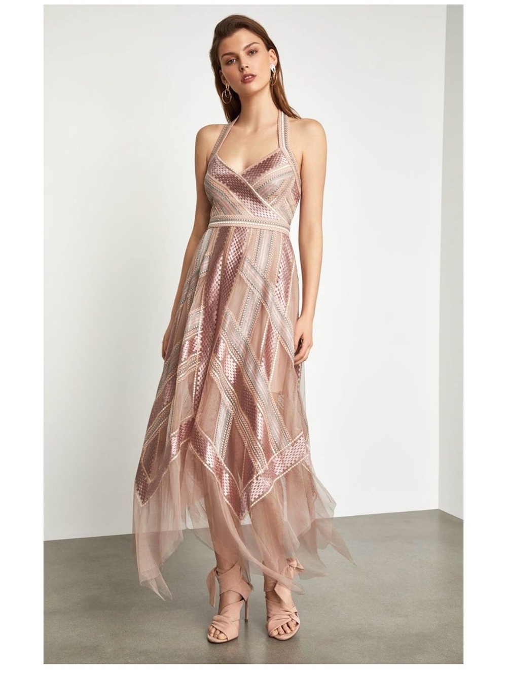 BCBGMAXAZARIA PINK/NUDE/METALLIC TULLE ETHEREAL GODDESS HANDKERCHIEF DRESS Sz2